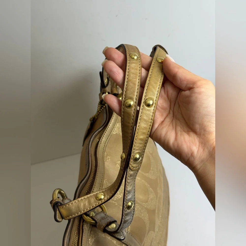 Coach Signature Stripe Studded Lurex Tote in a Gold Colorway - Picture 3 of 13